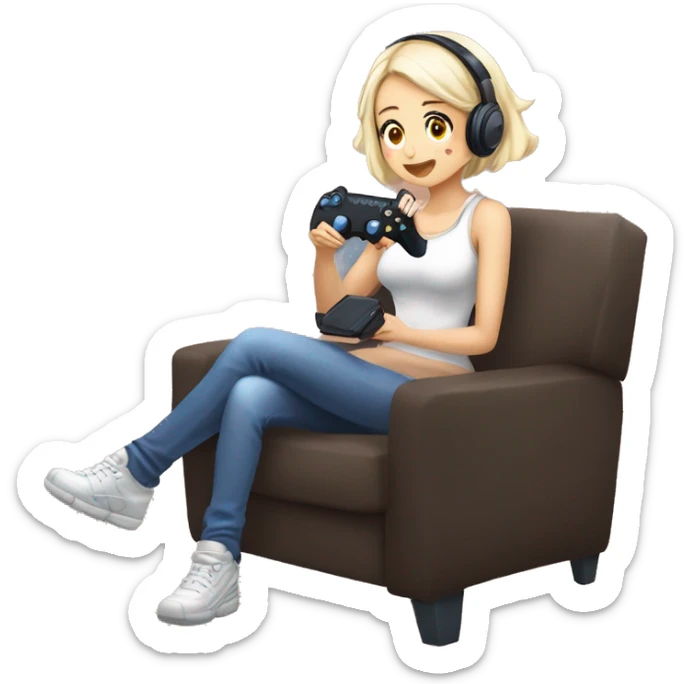 creame una chica anime gamer sentada en una silla gamer jugando juegos sticker