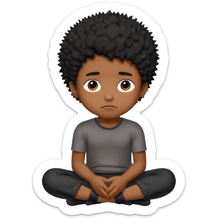 cute brown skin boy, no smile just sitting there looking tuff, black hair, sponge messy freeform’s.  sticker
