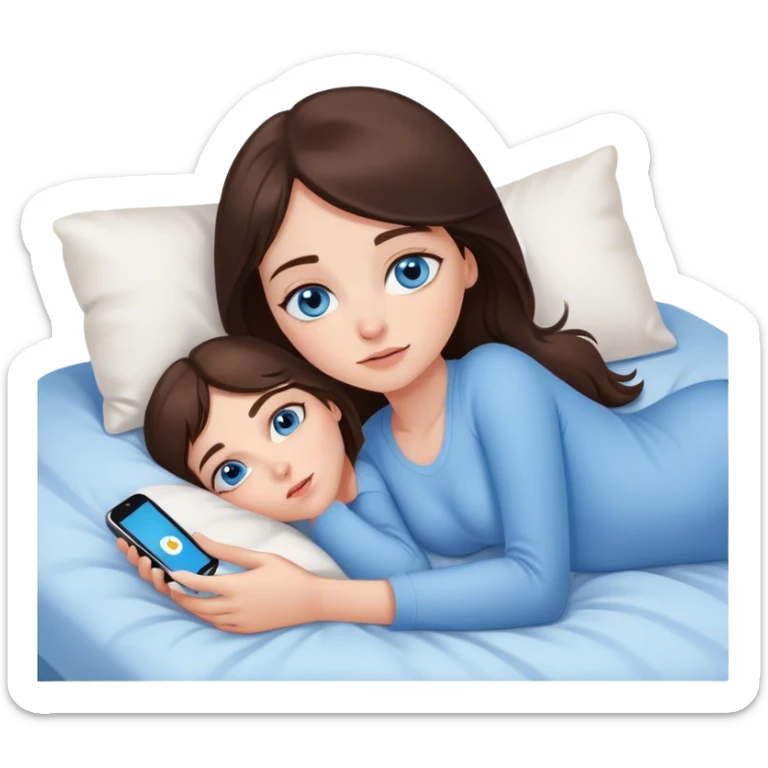 White girl brunett blue eyes, laying In bed on her stomach using her phone sticker