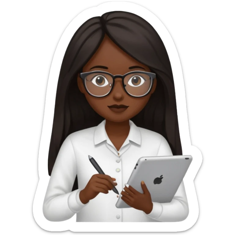 Yo, una chica de piel morena de pelo largo oscuro con lentes para ver, con la tablet trabajando  sticker