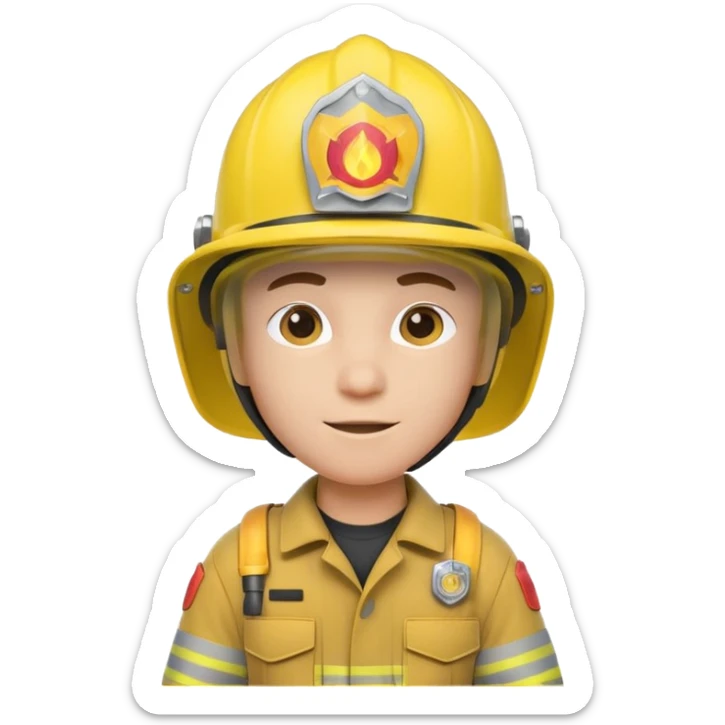 3D cartoon-style firefighter in the Apple emoji style, wearing a bright yellow helmet and fireproof uniform, front-facing, soft lighting, white background. sticker