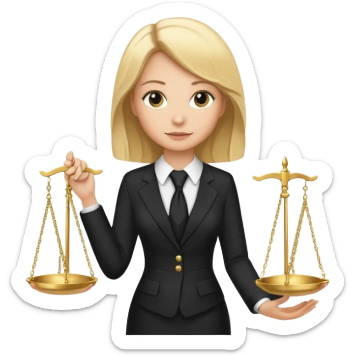 woman lawyer blanche et blonde avec des cheveux mi-long; elle est habillée avec une longue robe noire et une cravate blanche; elle soutient fièrement la balance de la justice  sticker