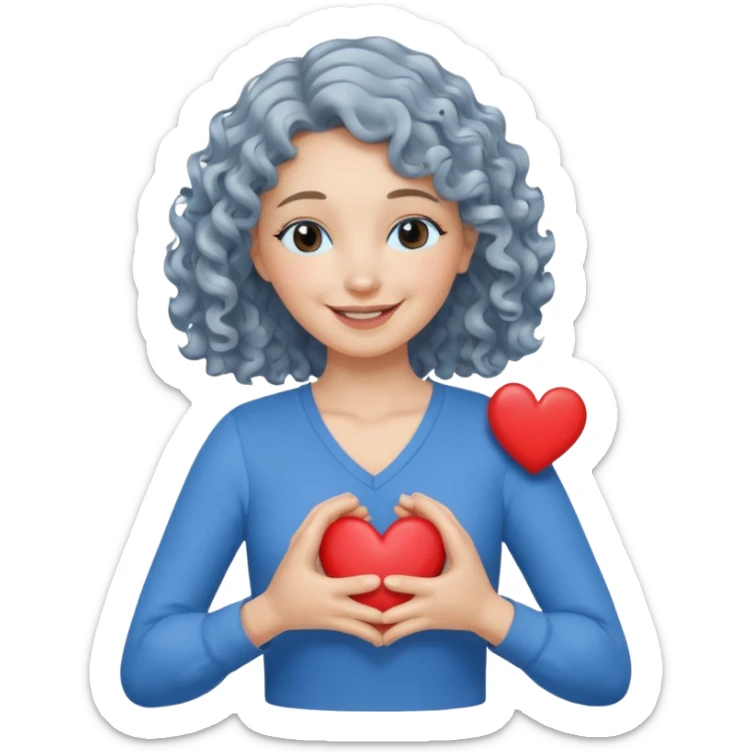 Silver, wavy/curly hair chin-length lady giving hug with 2 arms, blue v-neck and smilingm add a heart sticker