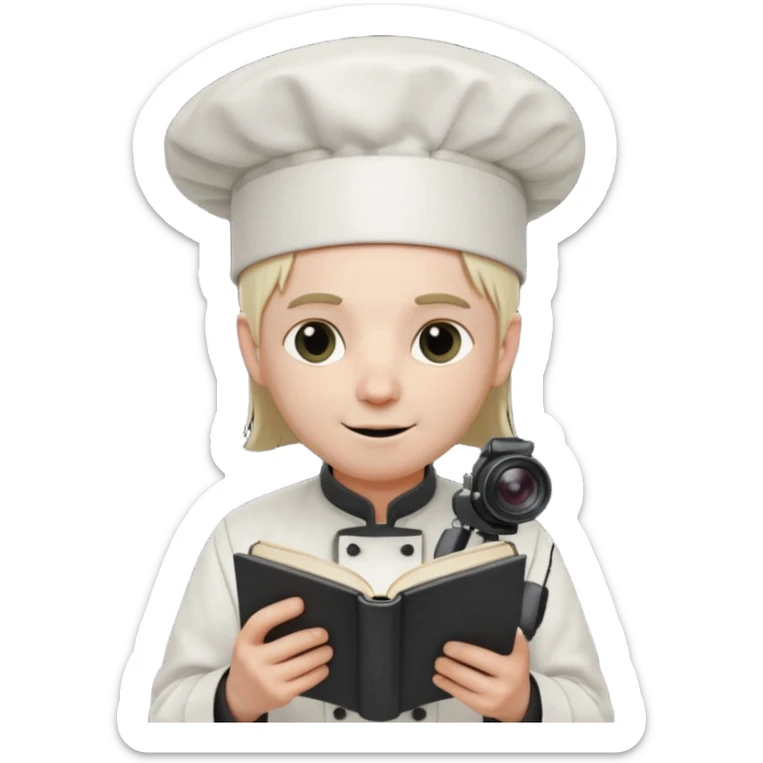 ["A happy man with pale skin, straight hair, wearing a chef hat and no glasses, dressed in goth fashion, is reading a book while holding a camera."] sticker