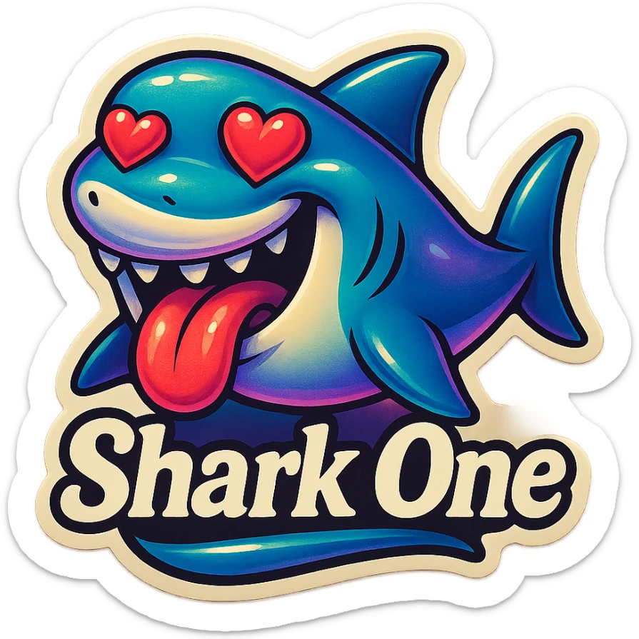 mouth open with tongue out heart shaped eye add the words “ Shark One " in White sticker