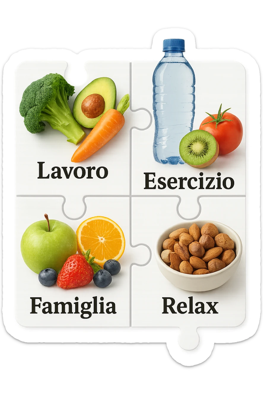 Puzzle (Lavoro, Esercizio, Famiglia, Relax), and healthy foods are integrated into each piece. in italiano sticker