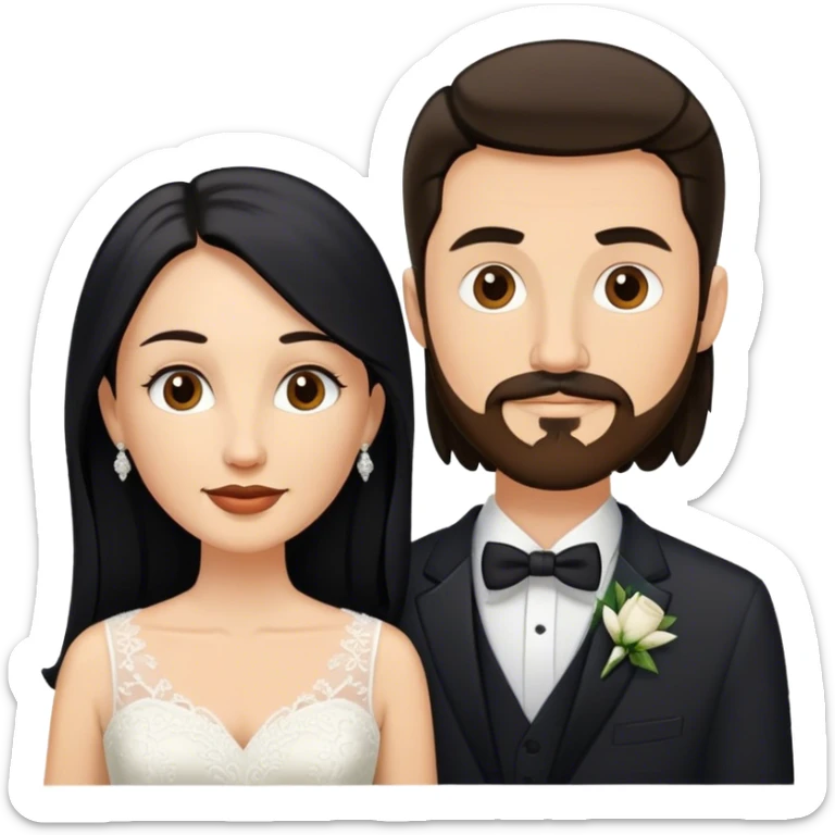 couple, a white woman with long black hair, and a white man with short brown hair goatee mustache, wedding sticker