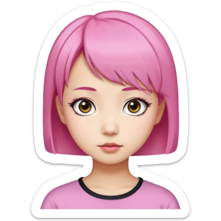 An Asian girl with pink short hair, big eyes, thick eyebrows, and long eyelashes;  sticker