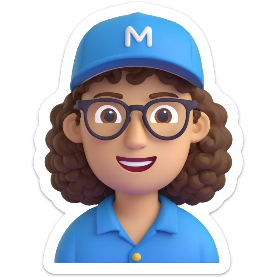 man with a New Era cap, curly hair, and glasses, 3D emoji style sticker