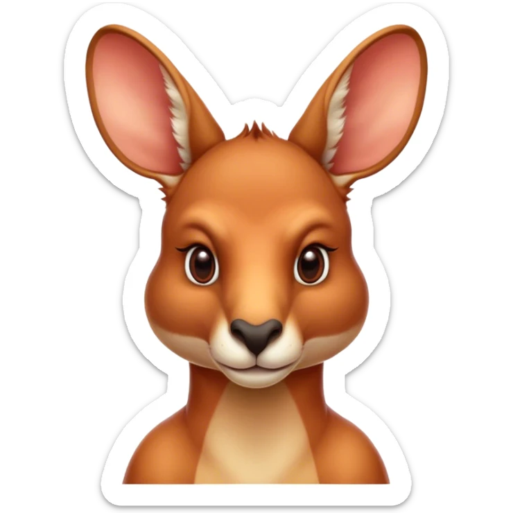 Cinematic Noble Adult Red Kangaroo Portrait Emoji, Poised and regal, with a robust, muscular build, tawny reddish fur, and a distinctive red kangaroo-shaped head featuring a slightly elongated snout, prominent ears, and keen, observant eyes, Simplified yet sharp and sophisticated features, highly detailed, glowing with a warm, sunlit glow, high shine, intelligent and commanding, stylized with an air of outback authority, focused and vigilant, soft glowing outline, capturing the essence of a watchful guardian that seems ready to bound out of the screen with effortless power! sticker