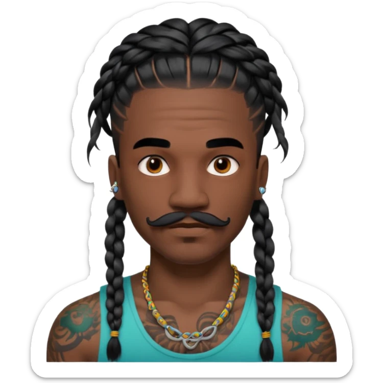 big lose braids starting from the top of the head man with mustache face wiith big visible loose only two braids and lots and lots of colored face tattoos colored tattoos like a tattoo artist hair unique color sticker