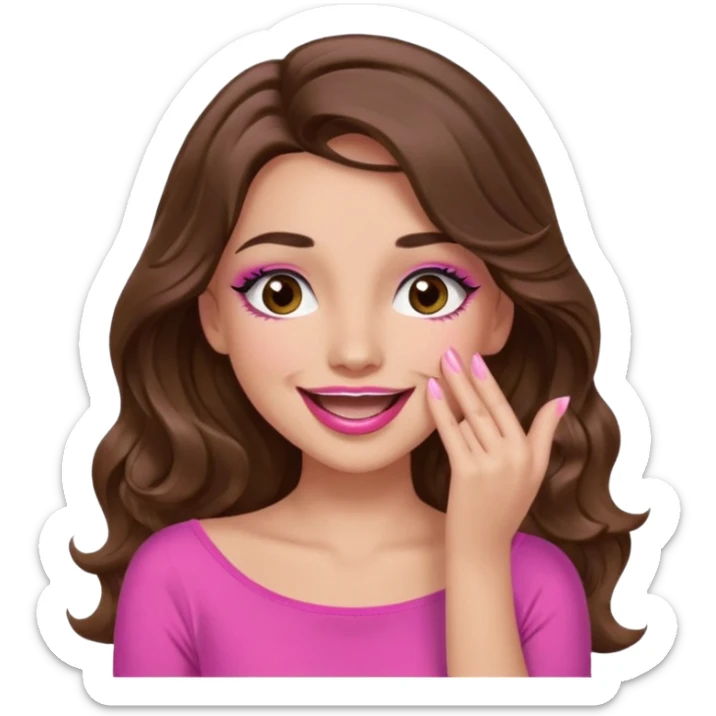 girl with long wavy brown hair, brown eyes, long lashes makeup, pink lips, light to medium complexion, pink sexy top, smiling, hand covering the mouth, giggling sticker