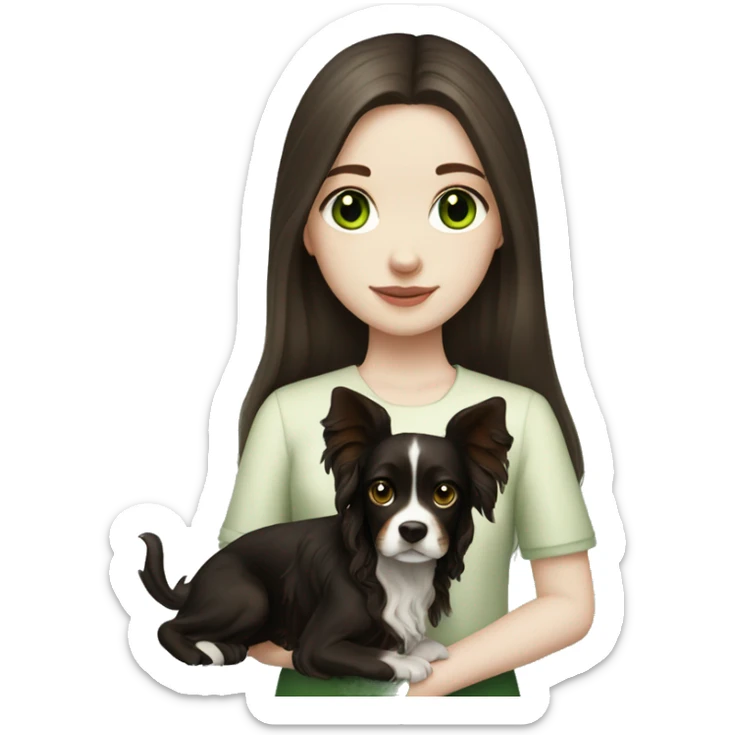 pale skin girl with green eyes with long dark brown hair that had a flower in her hair  holding a black and brown cavalier dog  sticker