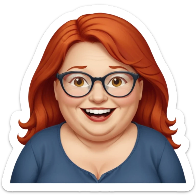 obese; older 50's ; long red hair ; women hazel eyes; glasses ; laughing sticker