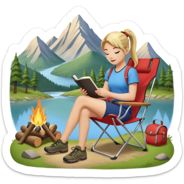 A pony tail hair woman journaling on a camping chair, enjoying the quiet nature scene. sticker