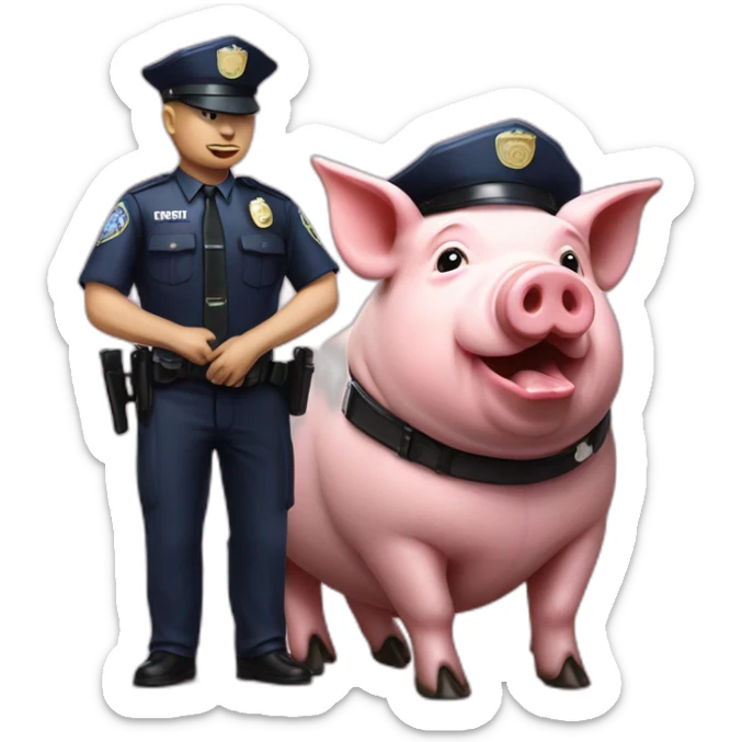 Photorealistic pig Kitted out police officers with donut and service sidearm and pig face sticker