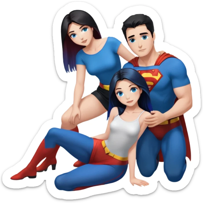 Art of woman's very gorgeous body scheme anatomy-bare shoulders and front-blue eyes-very long straight black to blue hair ombre-kneeling-front-leaning back-looking at male redish brownish haired man in superman shirt  to her side sticker