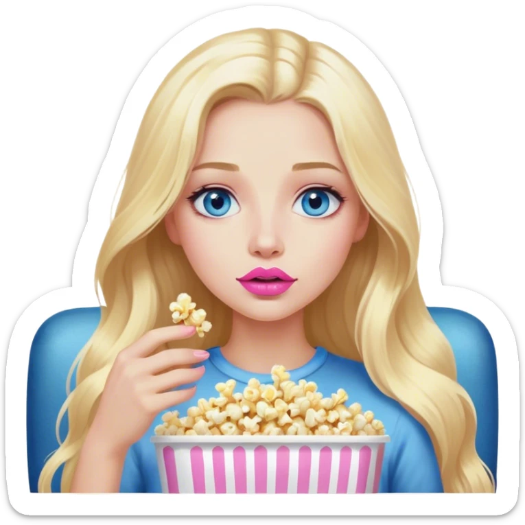 Cinematic realistic blonde with long hair, blue eyes and painted pink lips, watching TV and eating popcorn sticker