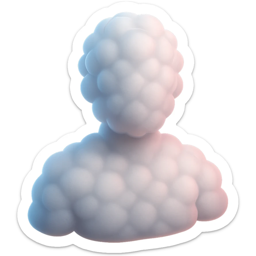 person made entirely of white fluffy convex clouds with a soft pink glow, shoulder up, front view, matte glass style, no background sticker