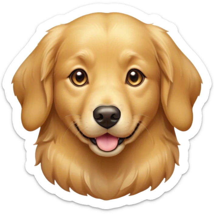 Cinematic Cute Golden Retriever Portrait Emoji, Head tilted playfully and inquisitively, showcasing a rich, glossy golden coat with a healthy sheen, round, sparkling brown eyes filled with curiosity, Simplified yet irresistibly adorable features, highly detailed, glowing with a warm, friendly glow, high shine, affectionate and lively, stylized with a touch of whimsy, bright and endearing, soft glowing outline, capturing the essence of a mischievous yet loving companion, so playful it feels like it could leap out of the screen and into your arms! sticker
