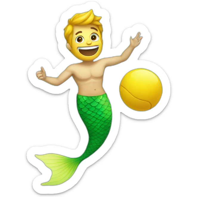 Underwater happy bold man mermaid swimming, holding a small yellow ball, winning enthousiasm sticker