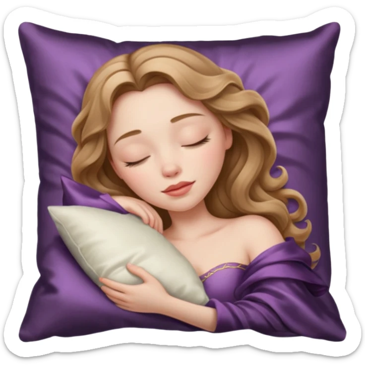 sleeping beauty girl with pale skin and light brown wavy hair with a silk pillow sticker