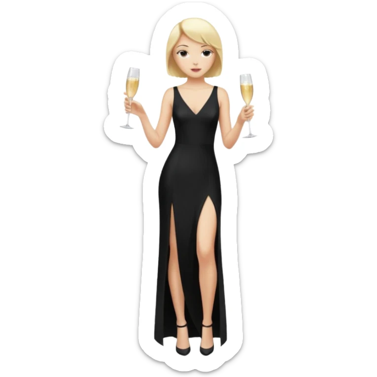 Blonde Woman, Long black slipdress, Slot left Leg,man black Cut,fly, Champagner glas sticker