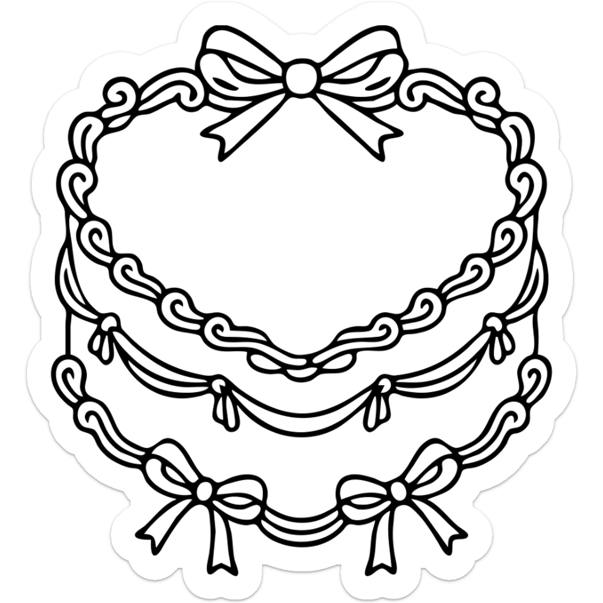 Outline illustration of a heart-shaped birthday cake in two sizes, single color tint, border with decorated cream outline and bows, no writings or candles, in the style of the reference image. sticker