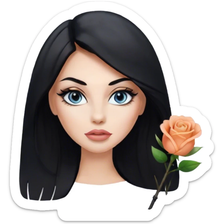 Glamours, tanned, very beautiful girl, with big pump peach-beige-rose lips, eyeliner, long lashes, black straight smooth silky long hair, straight parting hair, blue-grey eyes in black clothes sticker