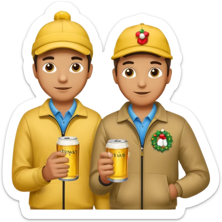 16 men on a golf trip wearing yellow golf caps all holding a beer can with a Xmas style label. Has to be 16 of them. sticker