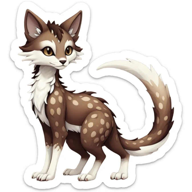 Kawaii dark edgy brown beige white fantasy ethereal feline-vernid-sergal-fursona animal creature with a tufted tail full body with intricate markings  sticker