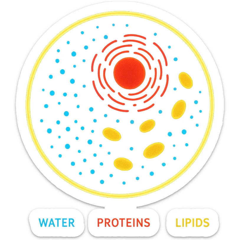 Zelle, deren Inhalt leuchtet in verschiedenen Farben (z. B. blau für Wasser, rot für Proteine, gelb für Lipide sticker