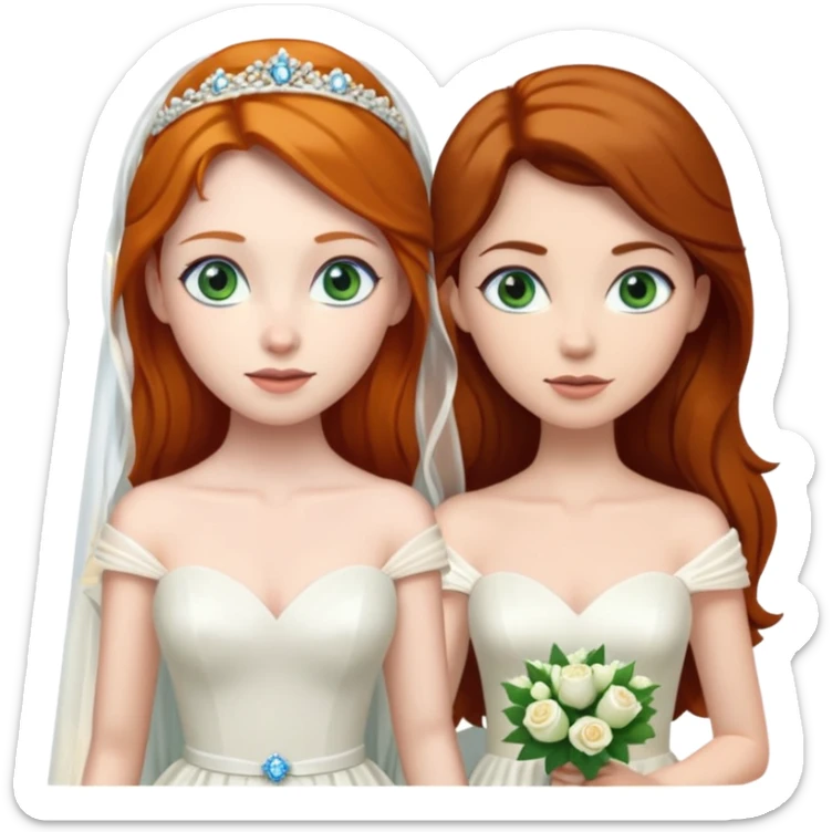 A ginger woman with blue eyes, marrying a taller, pale woman with very dark brown hair and green eyes, both in wedding dresses. sticker