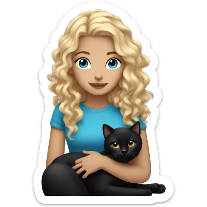 blonde girl with curly hair and blue eyes holding a black cat sticker