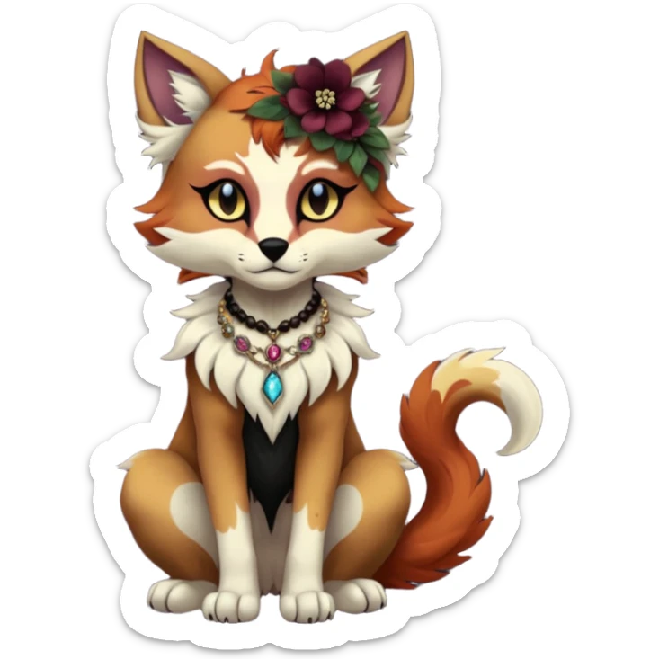 Multicolored gloomy dark edgy Victorian spooky hot warm badass realistic floral exotic Falvie-Fionbri-fursona, full body, wearing jewelries sticker