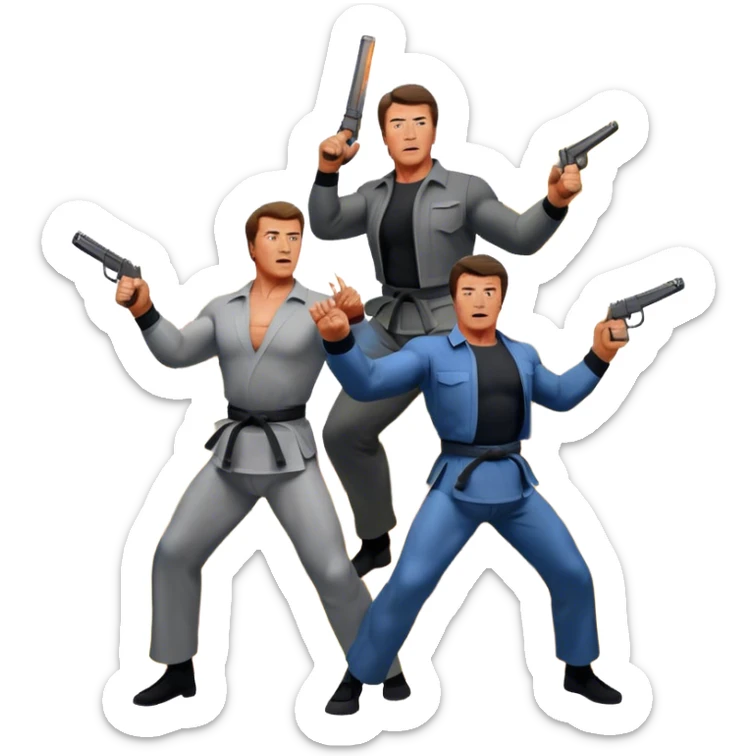 Icon for Action Movies: Collage of photorealistic actors Arnold Schwarzenegger and Sylvester Stallone, surrounded by explosions, weapons, and martial arts moves. The design should capture the high-energy, dynamic nature of their films. Transparent background. sticker