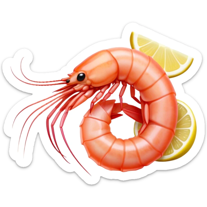 Cinematic glistening shrimp, pink and juicy, slightly curled with a light char, served with lemon wedges, ultra-detailed and fresh, warm glowing background. sticker
