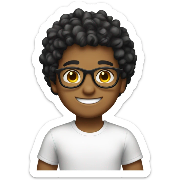 a tan skin, black curly hair boy wearing glasses wearing white t shirt smiling  sticker