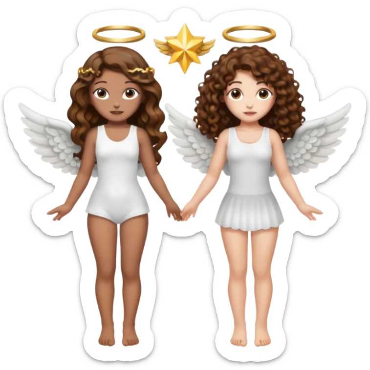 fake angel pose — long wavy brown hair tattooed woman and short tight curly brown hair woman — halo sparkle sticker