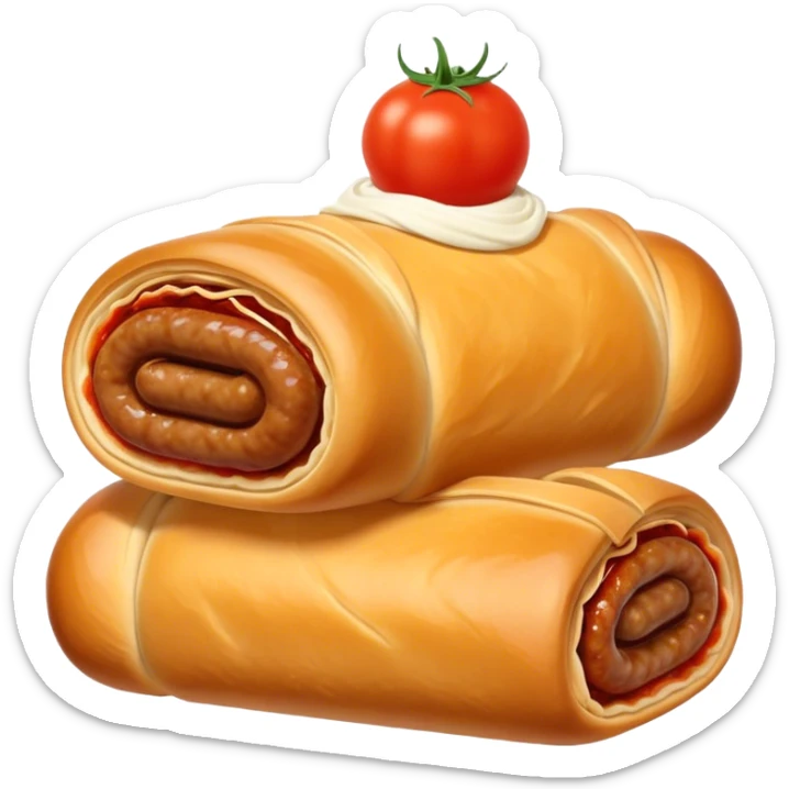 cinematic-realistic-sausage-roll-dish-emoji,-depicted-with-a-crisp,-golden-pastry-wrapped-around-flavorful-sausage,with tomatoe sauce on top sticker