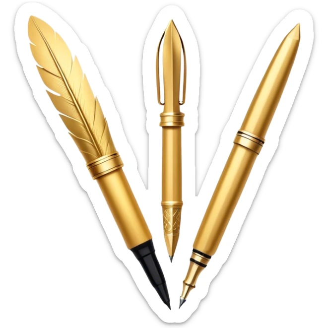 two golden quills with feathers and fountain pen tips crossing in front of each other like an X
Color: Gold. style like an emoji with gradients and shadowing minimal esthetic, white backgroudn sticker
