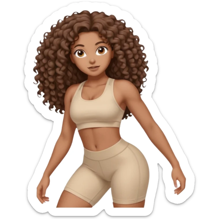 Create dream body girl with big glute and small waist and brown curly long hair with pastel beige gym clothes  sticker