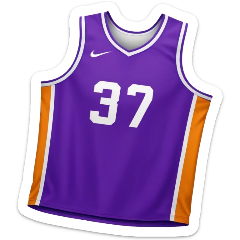 Cinematic Realistic image of a basketball jersey rendered in bold team colors with finely textured fabric and realistic creases, set against an energetic court backdrop with bright, dynamic lighting sticker