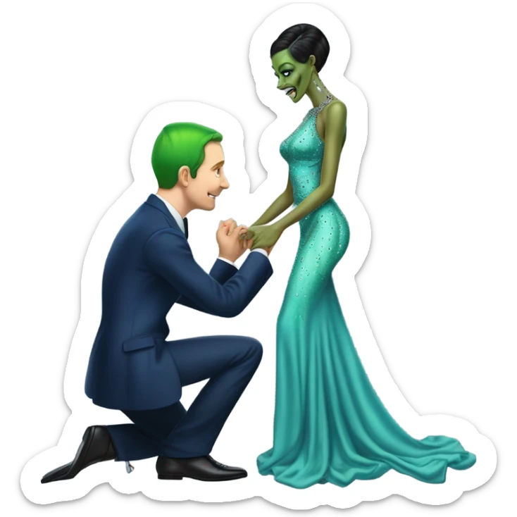 alien reptilian green skin woman, in long slim pastel blue formal party satin dress with gradient shiny sparkling navy blue diamonds embroidered , and caucasian man in black dres on his knees asks her to marry her sticker