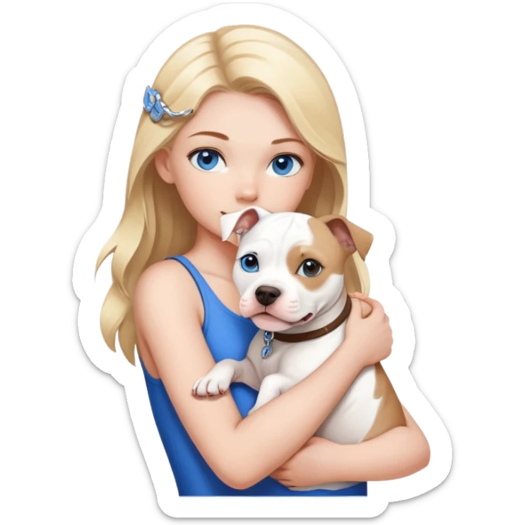 Blonde girl with blue eyes holding a american stafford who’s white and has a little brown on his back sticker
