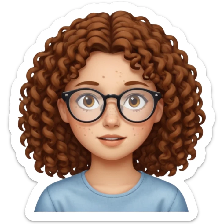 make a really curly hair, teen girl with glasses and late acne that looks like freckles sticker