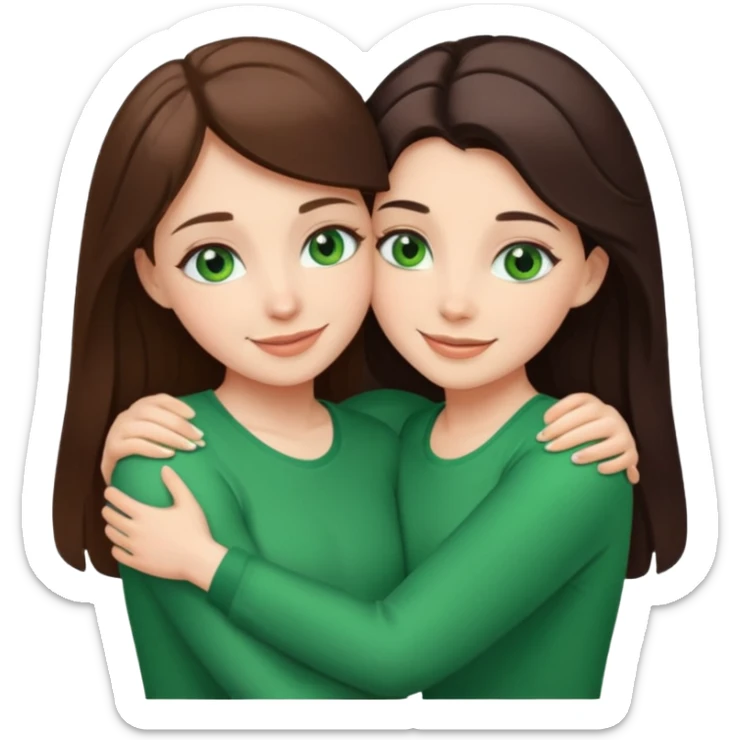A brunette sister with green eyes and a brunette sister with green eyes in different clothes together hugging sticker
