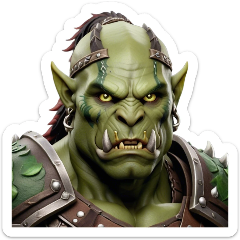 Cinematic Realistic WoW Orc Warrior Portrait, depicted with battle-scarred, rugged green skin and a powerful, muscular build that radiates primal strength. Clad in intricately detailed tribal armor accented with dark leather and iron embellishments in deep, earthy tones, his fierce eyes and determined expression exude honorable might. Rendered with lifelike texture and dramatic natural lighting, high shine, noble and formidable, capturing the essence of a legendary orc champion. sticker