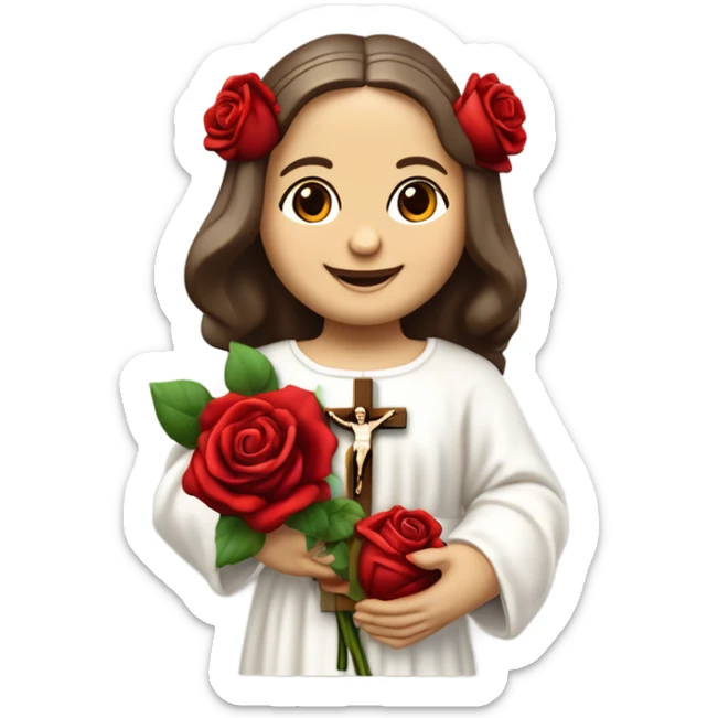 Sainte Therese de Lisieux avec petit sourire complice portant un bouquet de Roses rouges et un crucifix avec Jésus visible sur le crucifix vrai visage de Sainte Thérèse de Lisieux française vue de 3/4 sticker