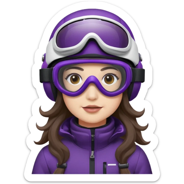 Sitting on snowmobile goggles and helmet not covering my face brown eyes long wavy hair white skin dark purple change snowmobile color to dark purple and white not yellow Snowmobile helmet and goggles, not on my face pants black no glasses on my face sticker